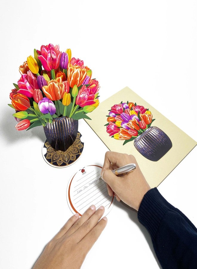 Seyal Tulip Flower Pot Bouquet 3D Pop Up Card, with Detachable Paper Flower Bouquet, Gift for Birthday, Anniversary, Thank You, All Occasion - Includes Note - Image 5